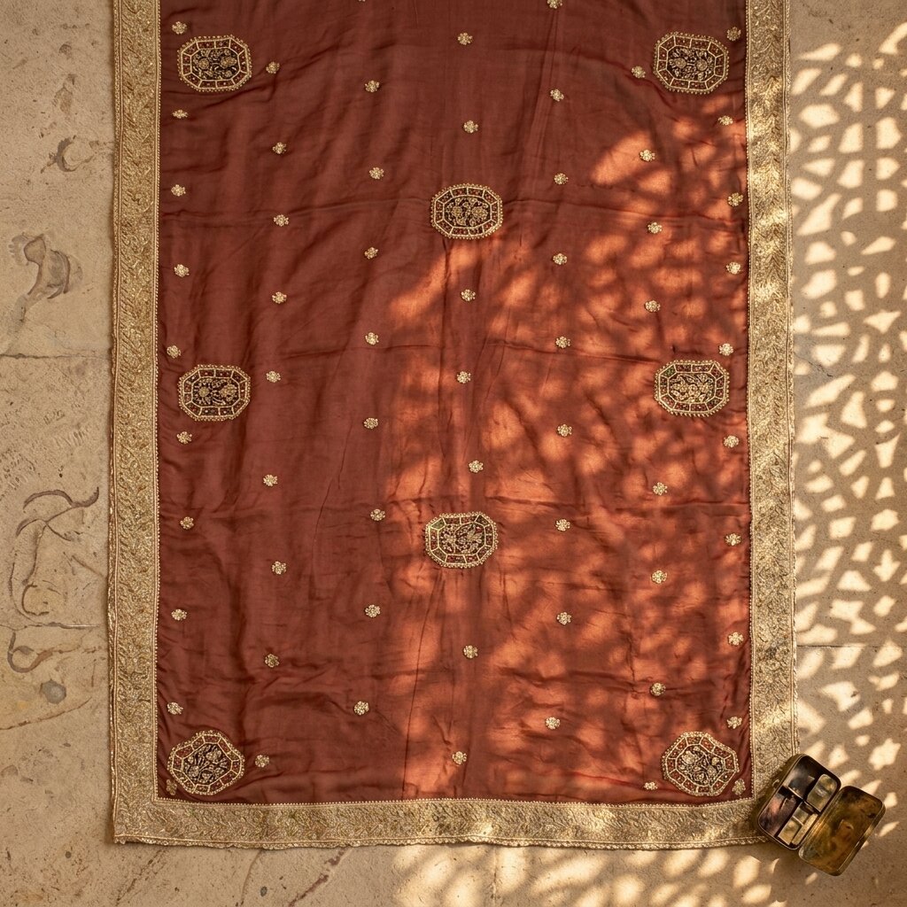 Sanskriti Vintage Red Organza Dupatta/Stole Hand Embroidered Zardozi Dabka Veil