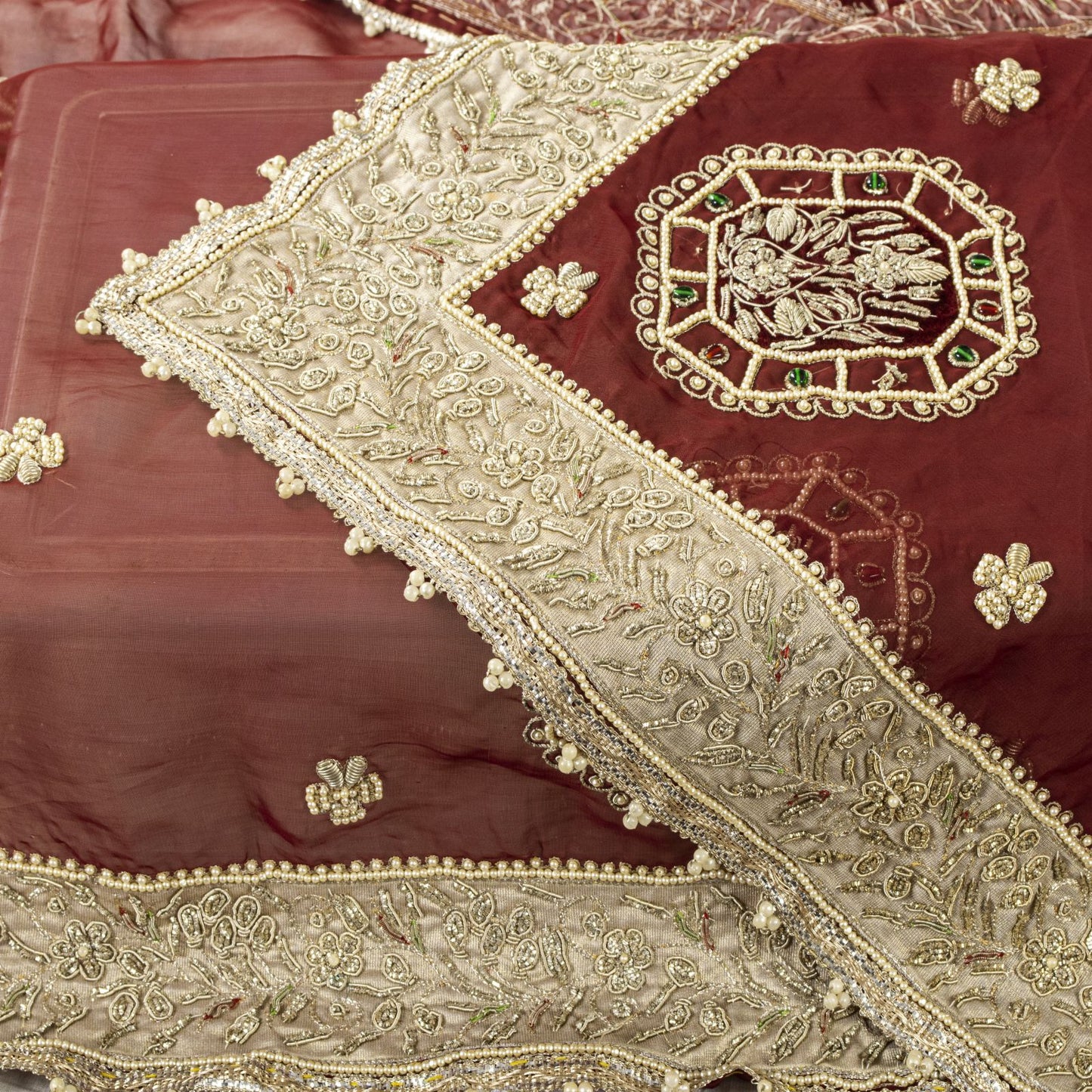 Sanskriti Vintage Red Organza Dupatta/Stole Hand Embroidered Zardozi Dabka Veil