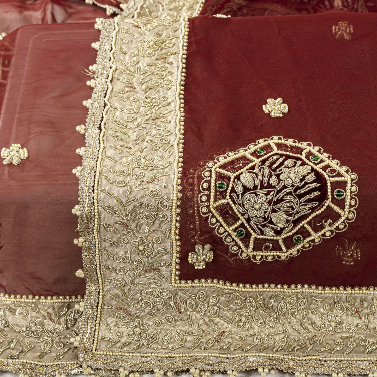 Sanskriti Vintage Red Organza Dupatta/Stole Hand Embroidered Zardozi Dabka Veil