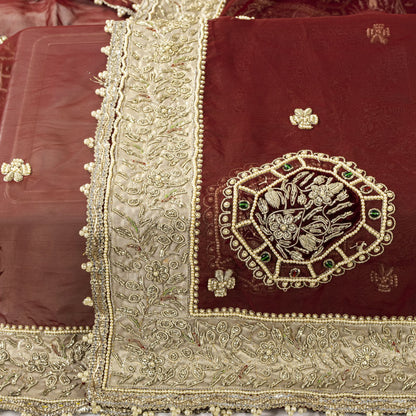 Sanskriti Vintage Red Organza Dupatta/Stole Hand Embroidered Zardozi Dabka Veil