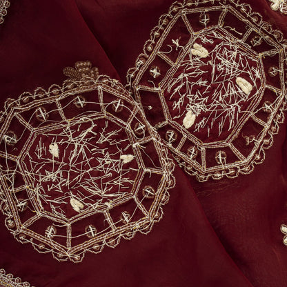 Sanskriti Vintage Red Organza Dupatta/Stole Hand Embroidered Zardozi Dabka Veil