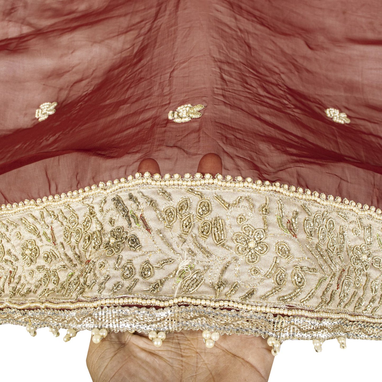 Sanskriti Vintage Red Organza Dupatta/Stole Hand Embroidered Zardozi Dabka Veil