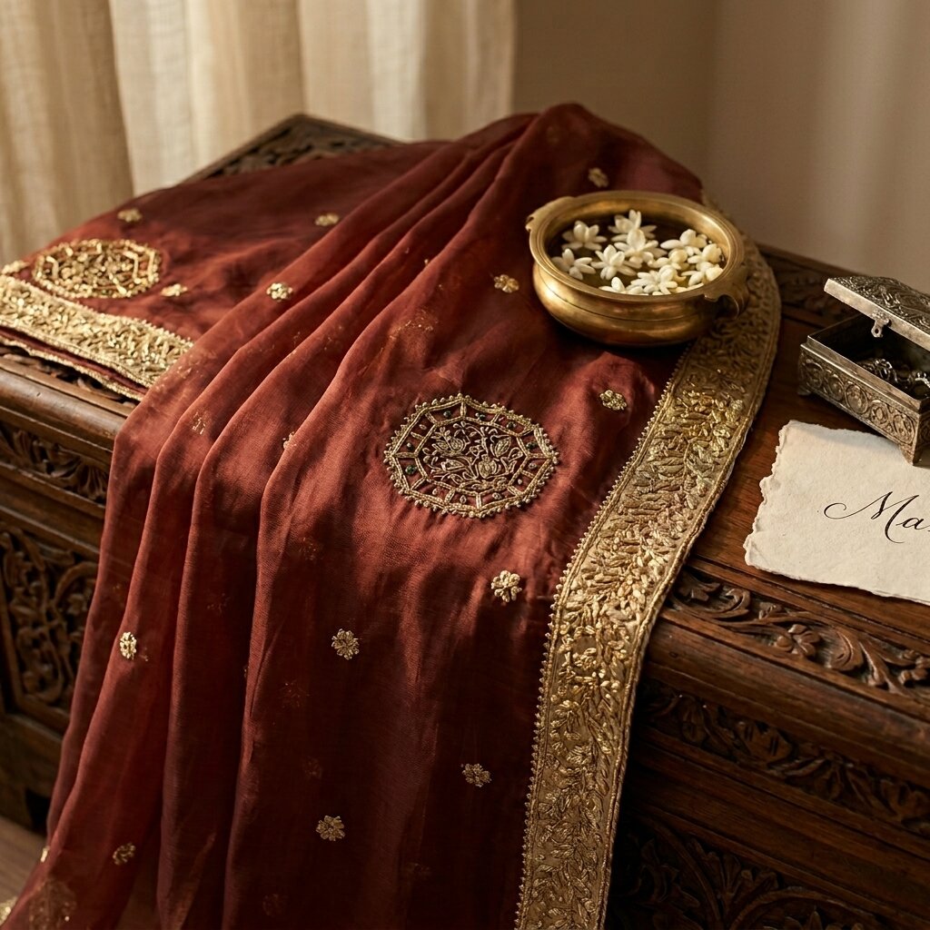 Sanskriti Vintage Red Organza Dupatta/Stole Hand Embroidered Zardozi Dabka Veil