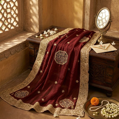 Sanskriti Vintage Red Organza Dupatta/Stole Hand Embroidered Zardozi Dabka Veil
