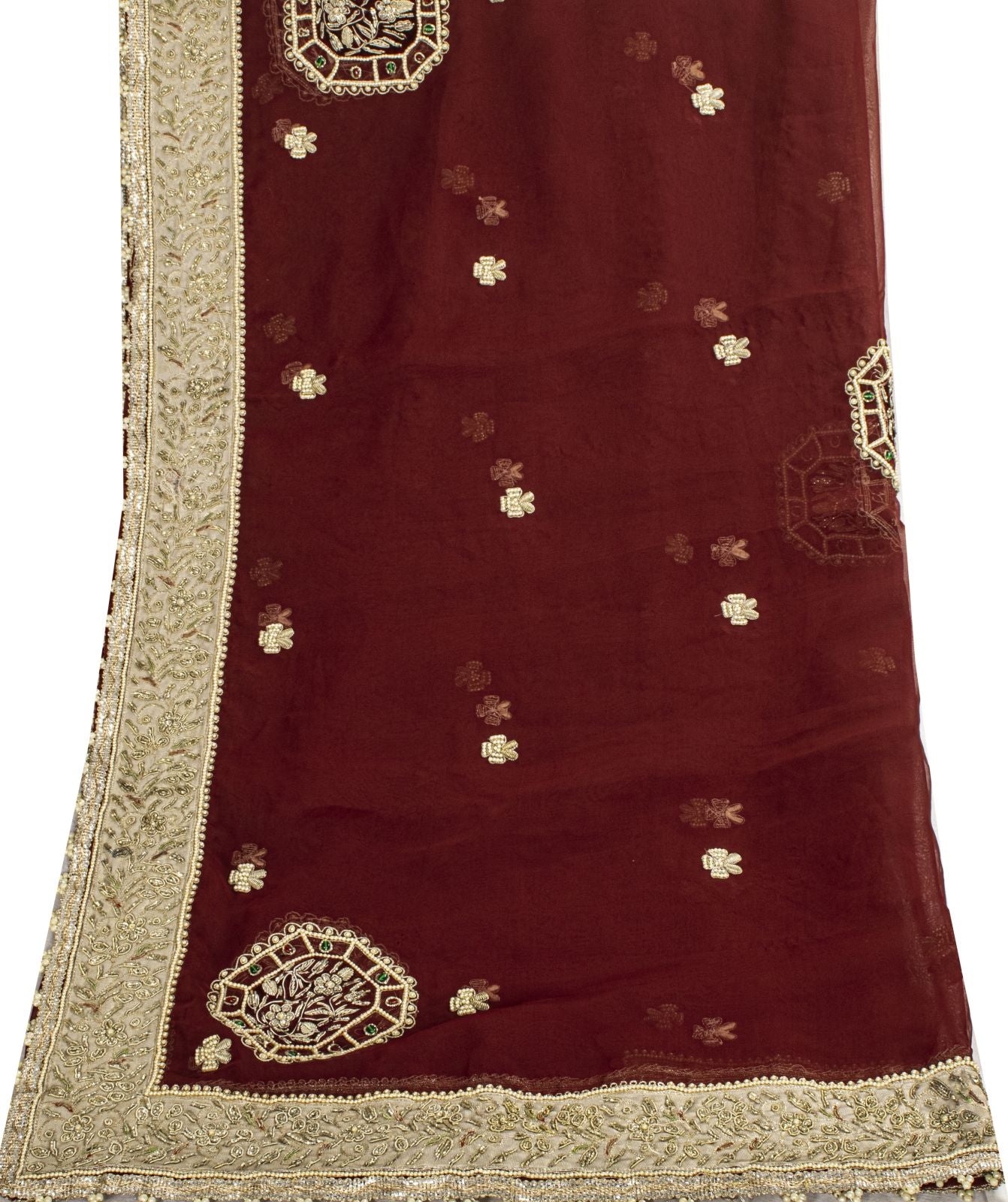 Sanskriti Vintage Red Organza Dupatta/Stole Hand Embroidered Zardozi Dabka Veil