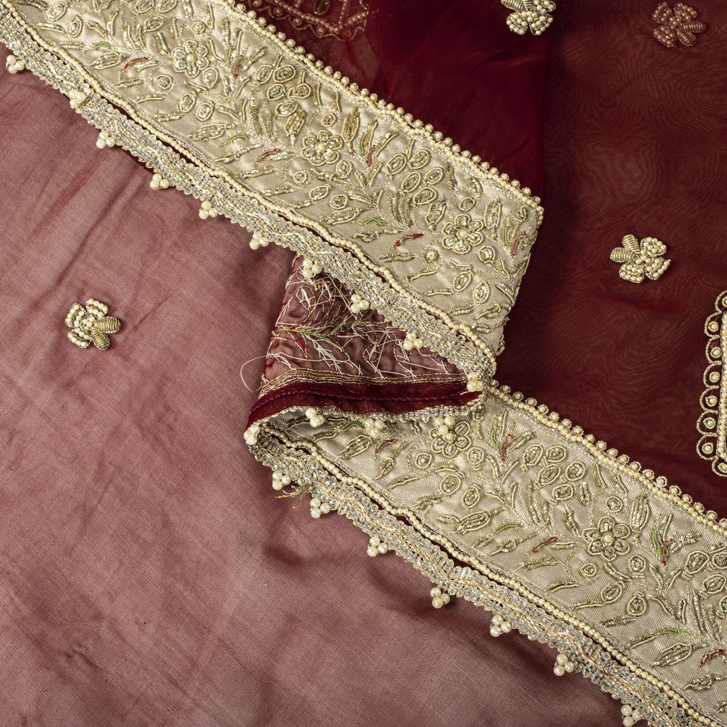 Sanskriti Vintage Red Organza Dupatta/Stole Hand Embroidered Zardozi Dabka Veil