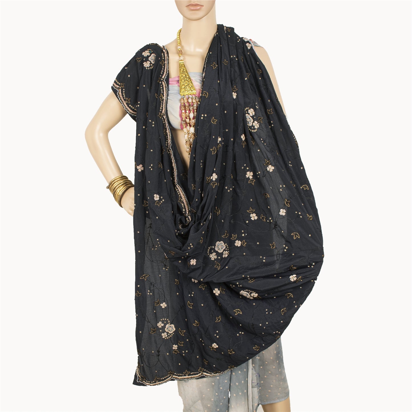 Sanskriti Vintage Long Dupatta Black Pure Crepe Hand Beaded Zari Zardozi Stole