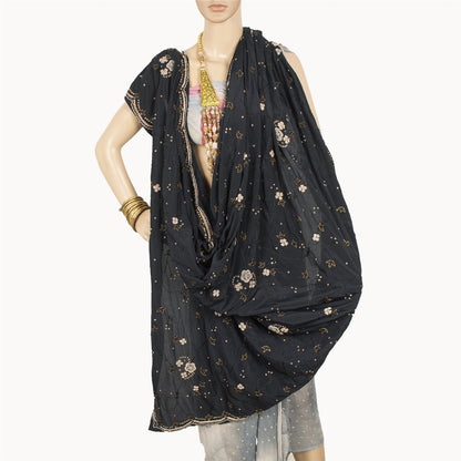 Sanskriti Vintage Long Dupatta Black Pure Crepe Hand Beaded Zari Zardozi Stole