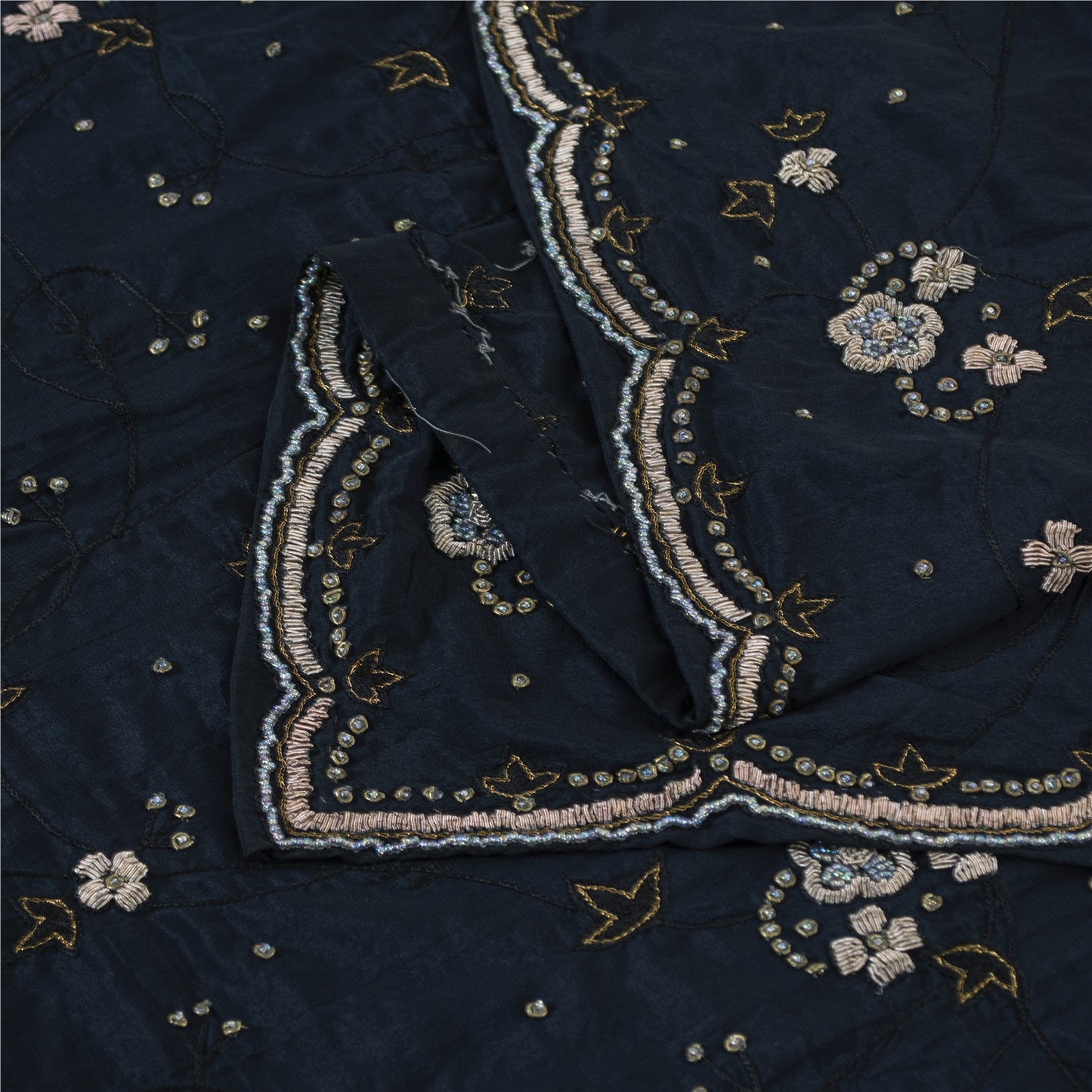 Sanskriti Vintage Long Dupatta Black Pure Crepe Hand Beaded Zari Zardozi Stole