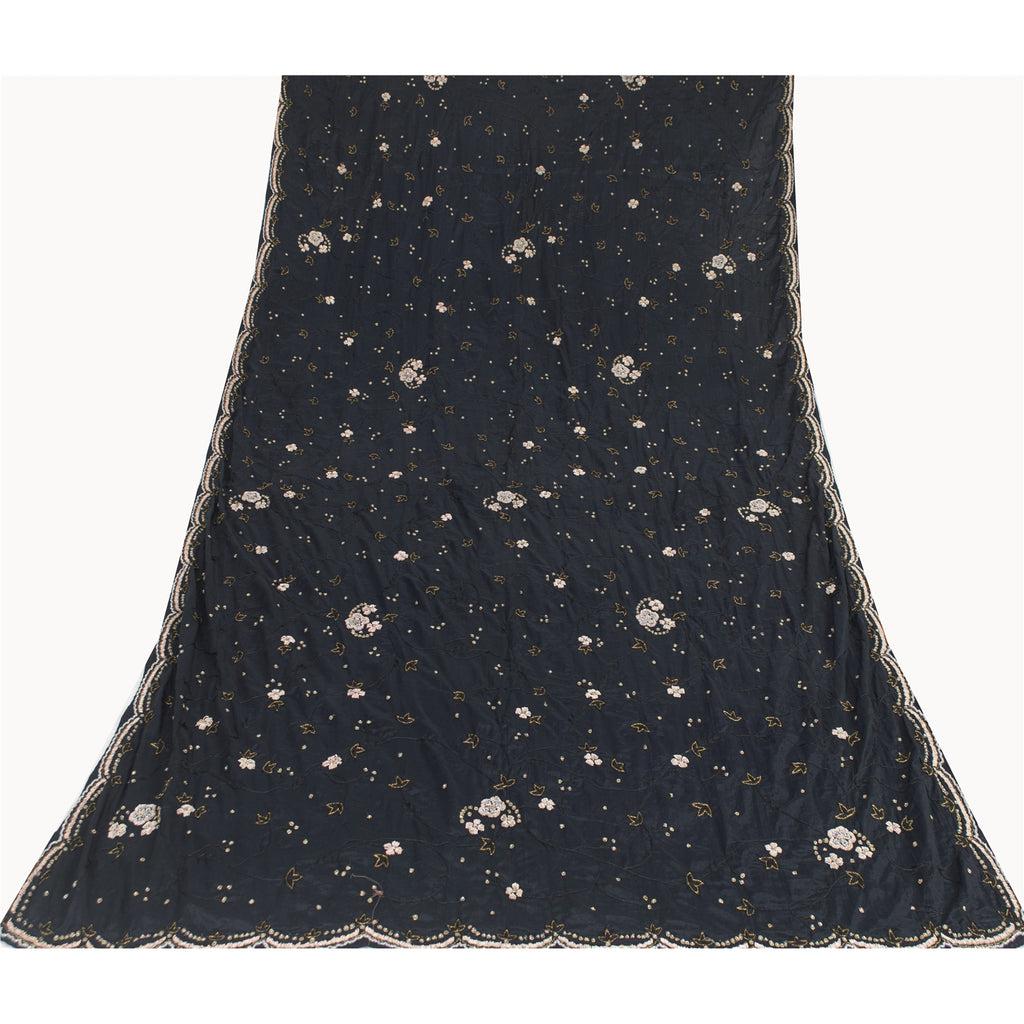 Sanskriti Vintage Long Dupatta Black Pure Crepe Hand Beaded Zari Zardozi Stole