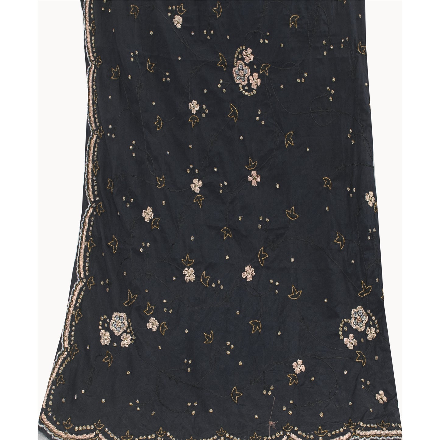 Sanskriti Vintage Long Dupatta Black Pure Crepe Hand Beaded Zari Zardozi Stole