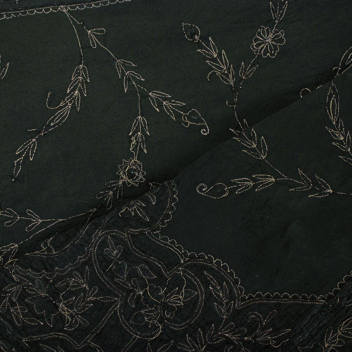 Sanskriti Vintage Black Pure Silk Dupatta/Stole Peacock Hand Embroidery Zardozi