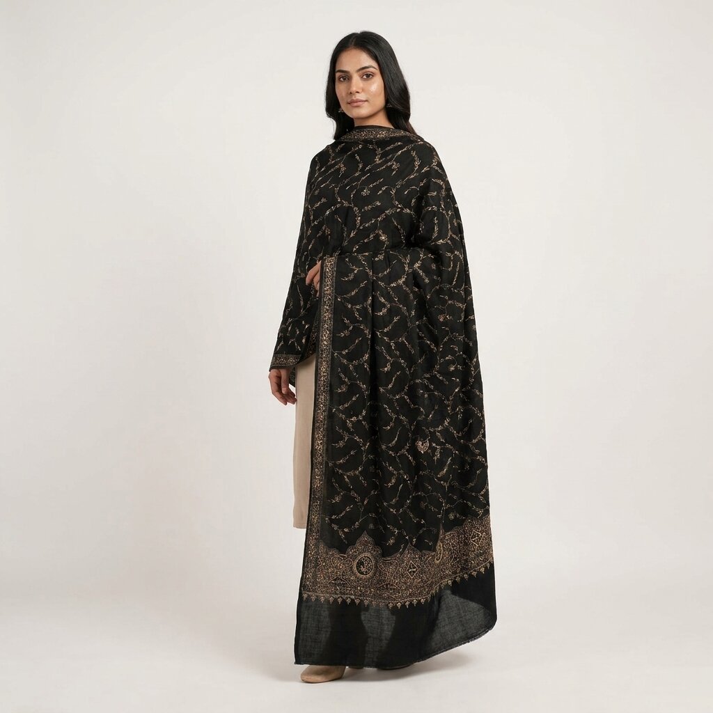 Sanskriti Vintage Black Pure Silk Dupatta/Stole Peacock Hand Embroidery Zardozi