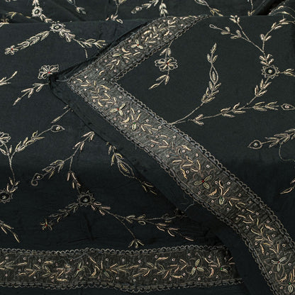 Sanskriti Vintage Black Pure Silk Dupatta/Stole Peacock Hand Embroidery Zardozi