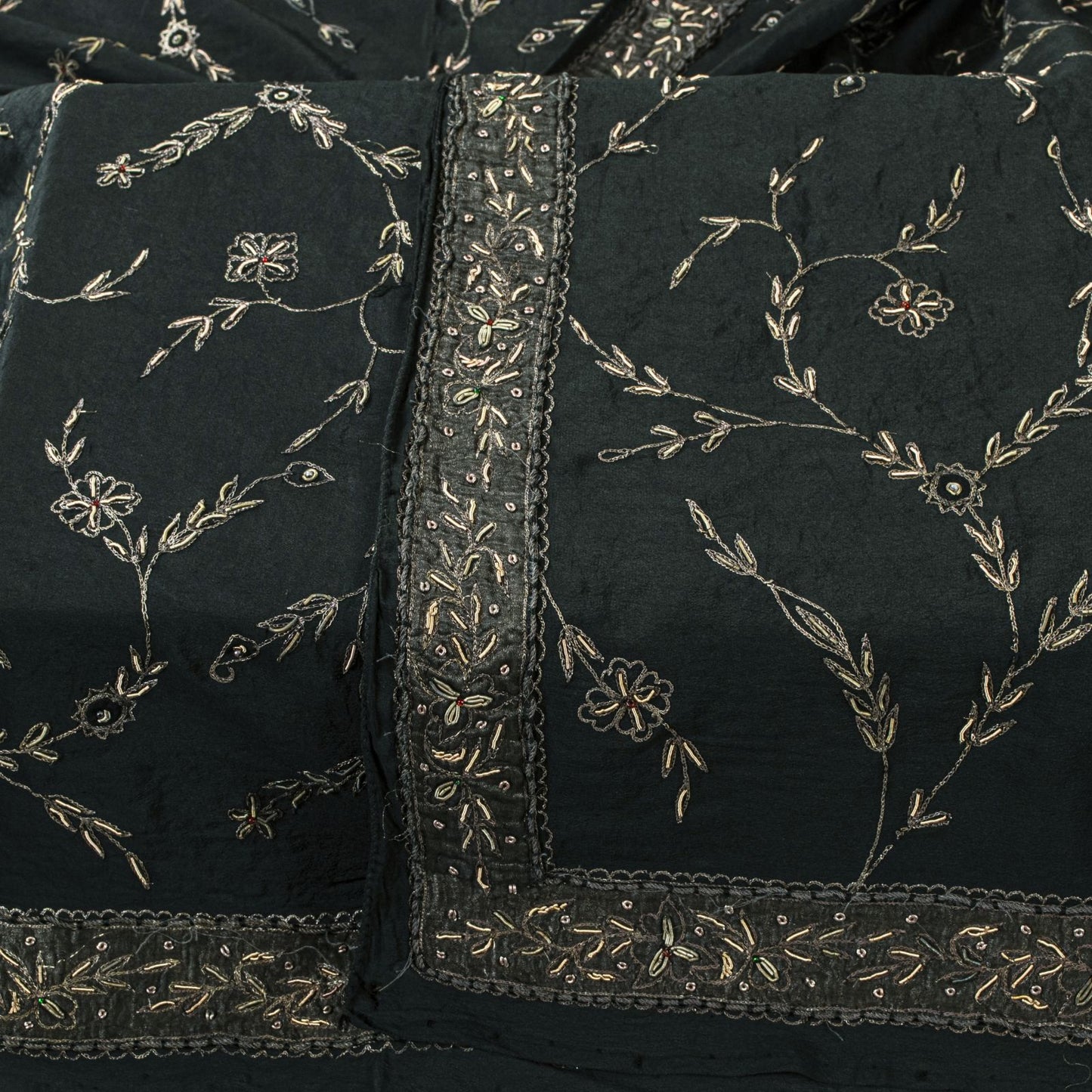 Sanskriti Vintage Black Pure Silk Dupatta/Stole Peacock Hand Embroidery Zardozi