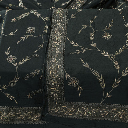 Sanskriti Vintage Black Pure Silk Dupatta/Stole Peacock Hand Embroidery Zardozi