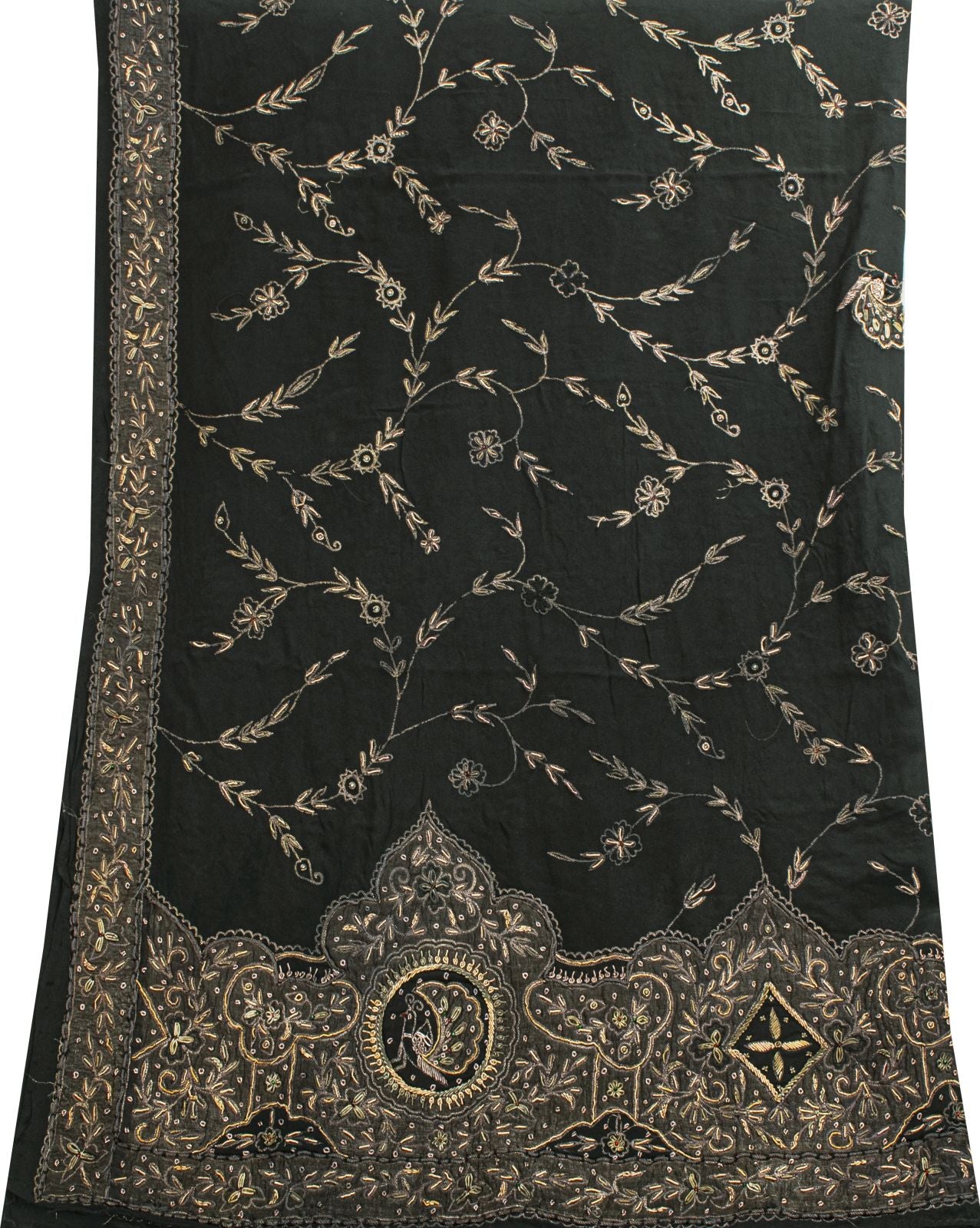 Sanskriti Vintage Black Pure Silk Dupatta/Stole Peacock Hand Embroidery Zardozi