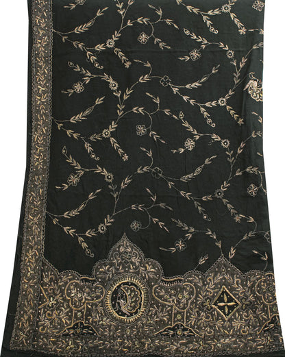 Sanskriti Vintage Black Pure Silk Dupatta/Stole Peacock Hand Embroidery Zardozi