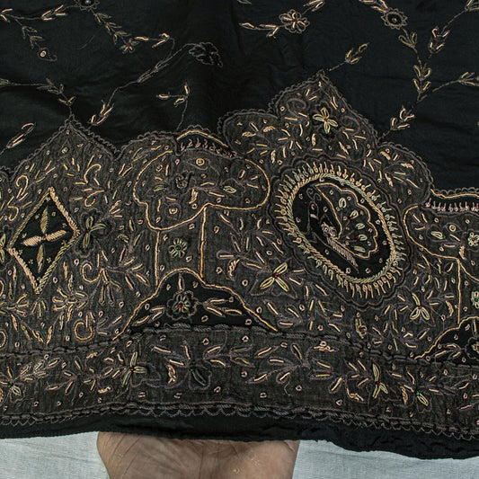 Sanskriti Vintage Black Pure Silk Dupatta/Stole Peacock Hand Embroidery Zardozi