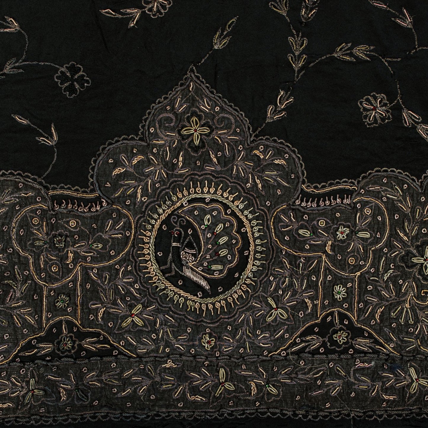 Sanskriti Vintage Black Pure Silk Dupatta/Stole Peacock Hand Embroidery Zardozi