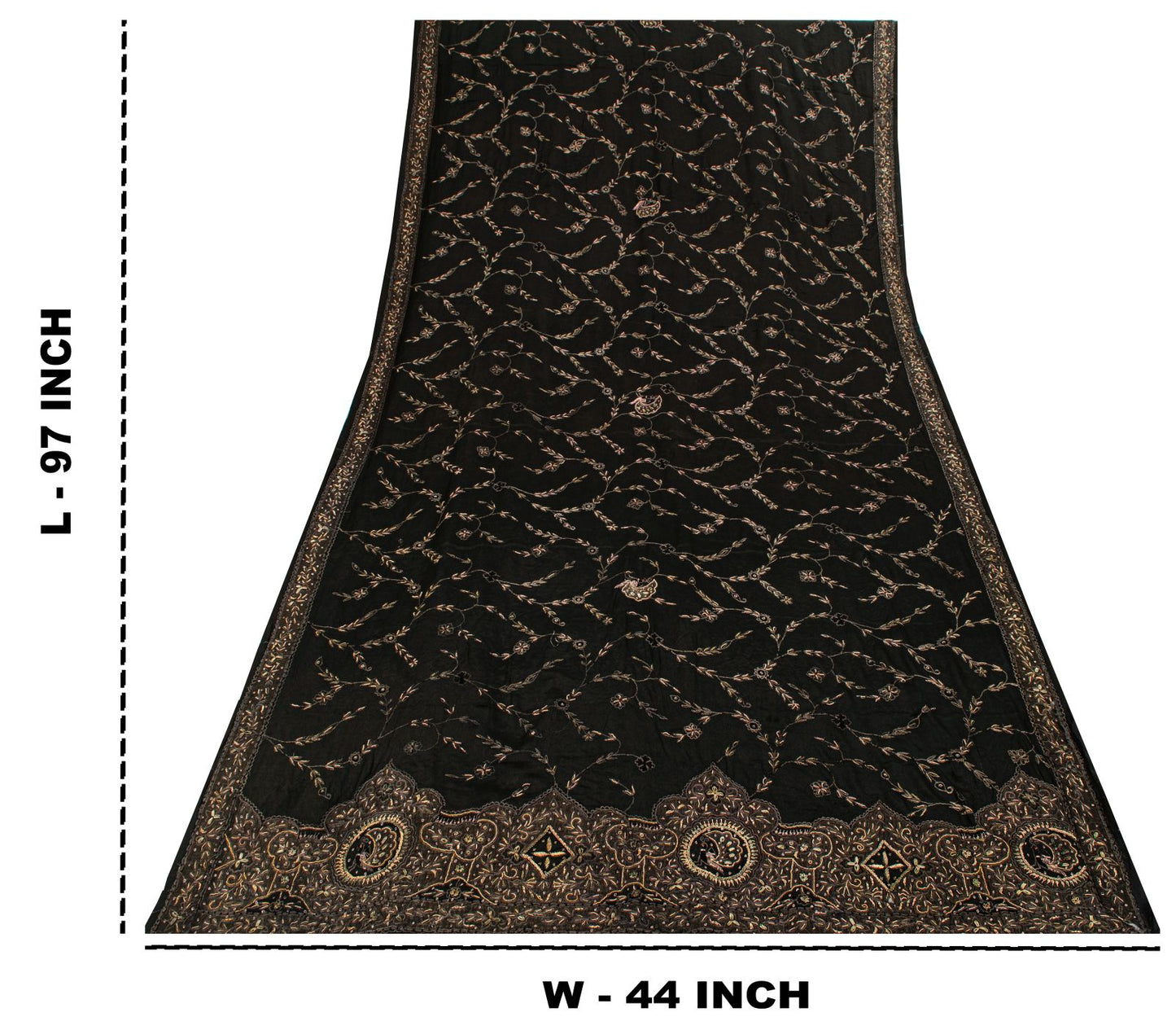 Sanskriti Vintage Black Pure Silk Dupatta/Stole Peacock Hand Embroidery Zardozi