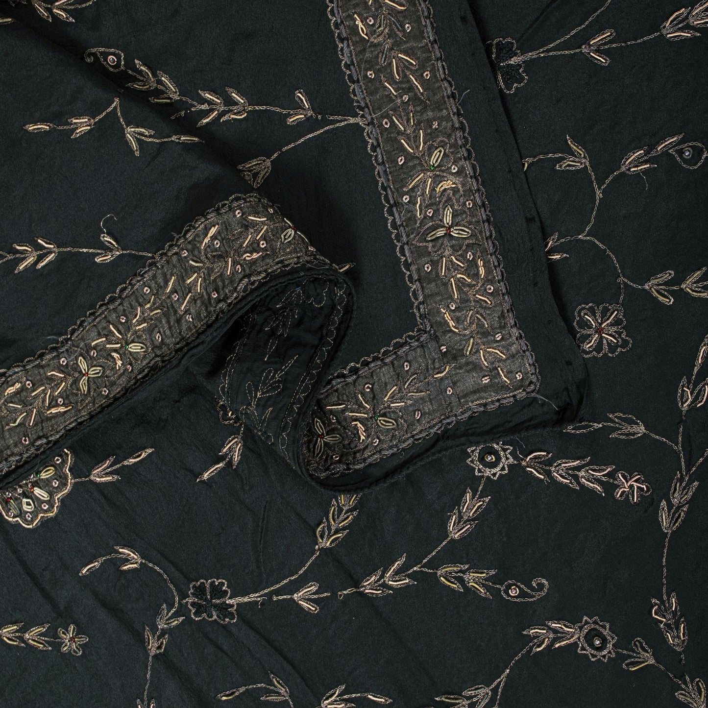 Sanskriti Vintage Black Pure Silk Dupatta/Stole Peacock Hand Embroidery Zardozi