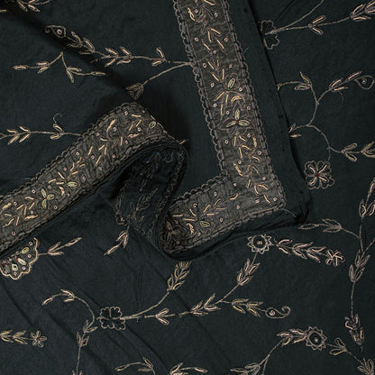 Sanskriti Vintage Black Pure Silk Dupatta/Stole Peacock Hand Embroidery Zardozi