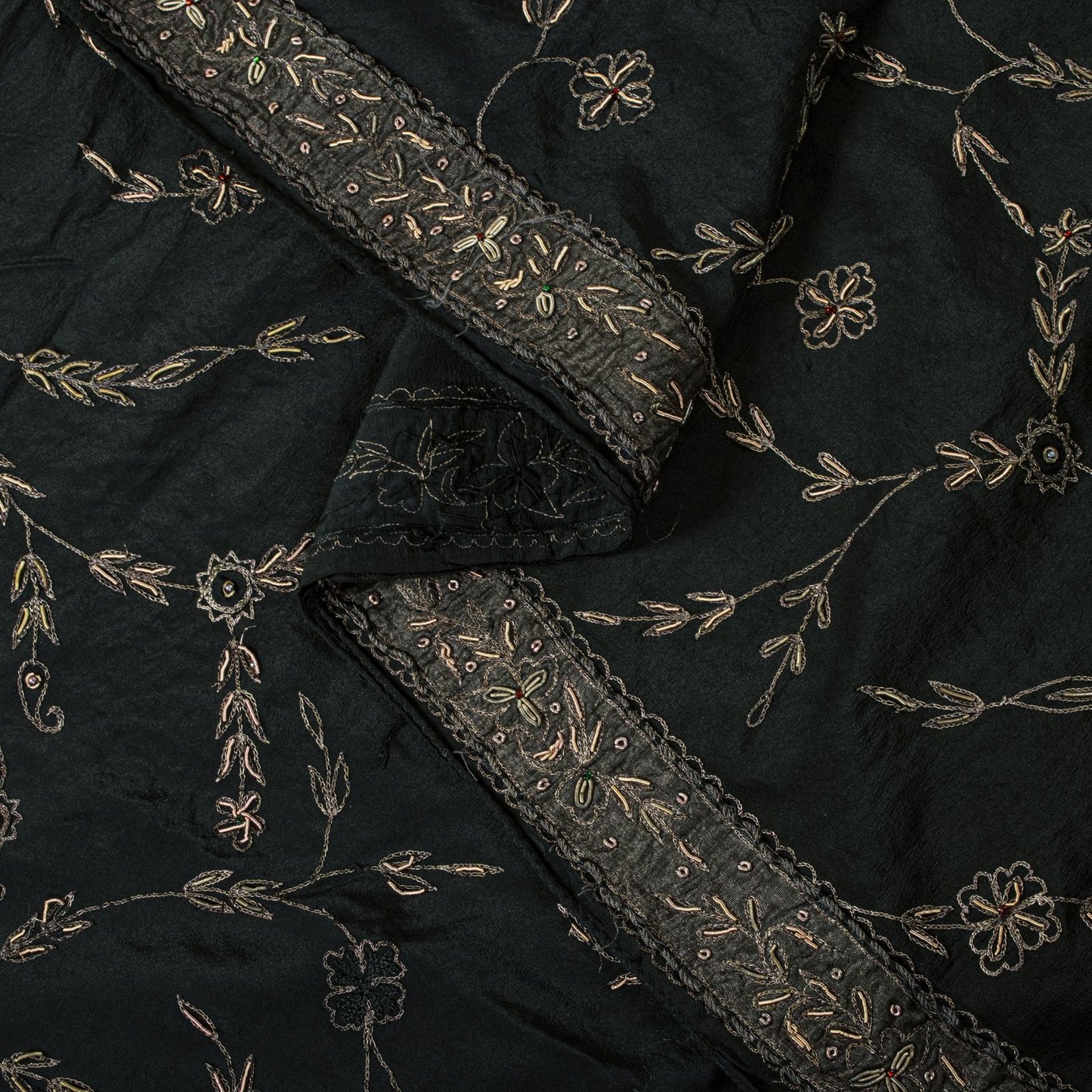 Sanskriti Vintage Black Pure Silk Dupatta/Stole Peacock Hand Embroidery Zardozi