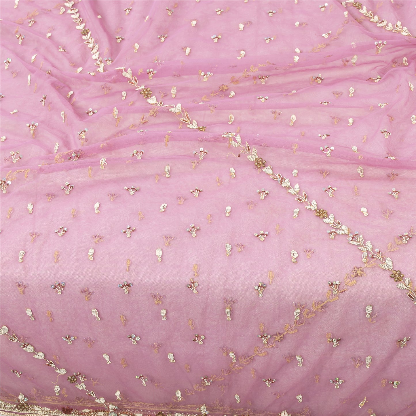 Sanskriti Vintage Long Dupatta Wedding Net Mesh Pink Hand Beaded Zardozi Stole