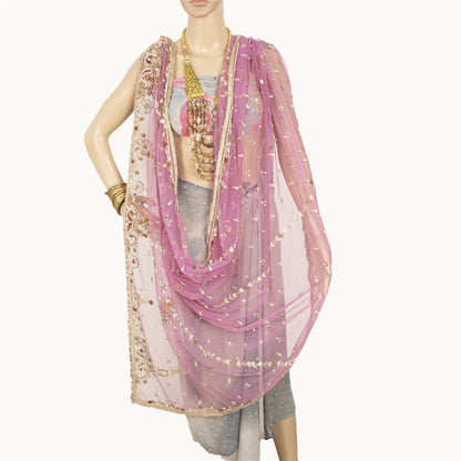 Sanskriti Vintage Long Dupatta Wedding Net Mesh Pink Hand Beaded Zardozi Stole