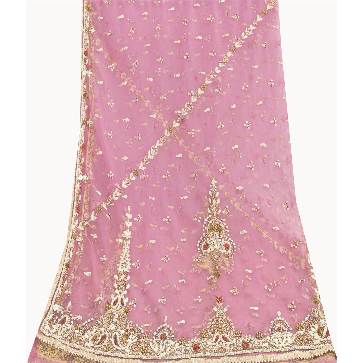Sanskriti Vintage Long Dupatta Wedding Net Mesh Pink Hand Beaded Zardozi Stole