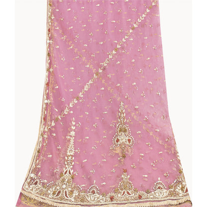 Sanskriti Vintage Long Dupatta Wedding Net Mesh Pink Hand Beaded Zardozi Stole