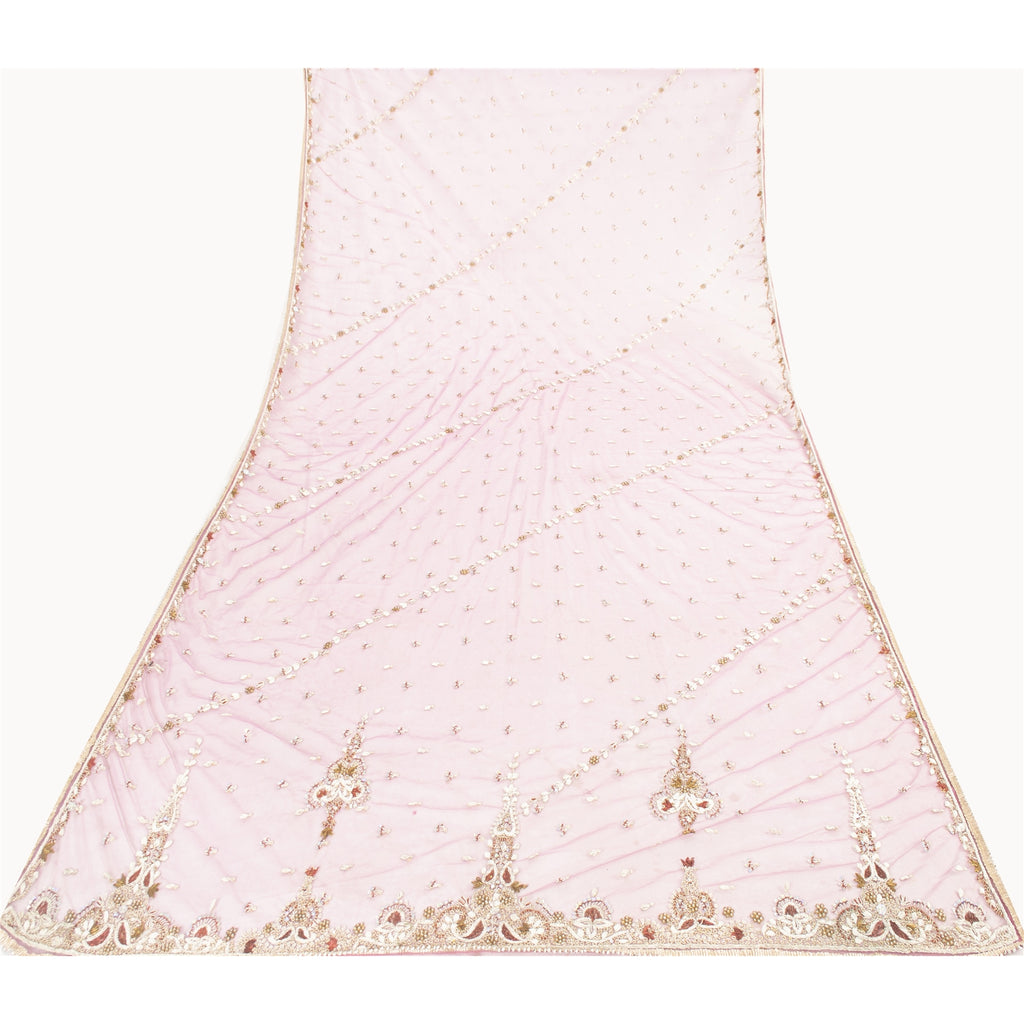 Sanskriti Vintage Long Dupatta Wedding Net Mesh Pink Hand Beaded Zardozi Stole