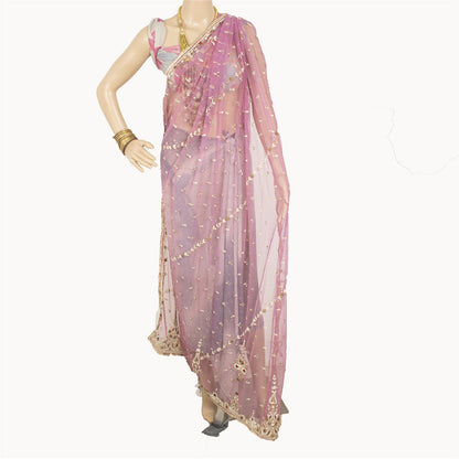 Sanskriti Vintage Long Dupatta Wedding Net Mesh Pink Hand Beaded Zardozi Stole