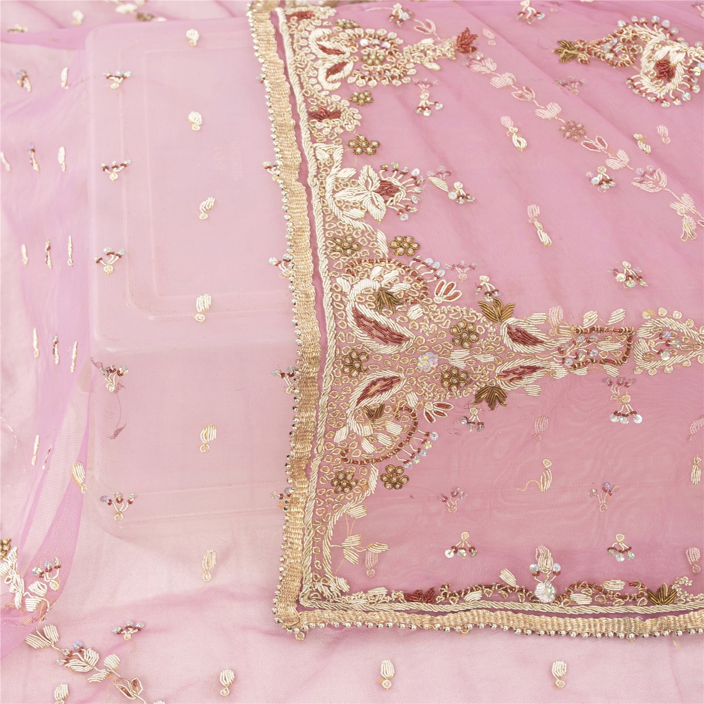 Sanskriti Vintage Long Dupatta Wedding Net Mesh Pink Hand Beaded Zardozi Stole