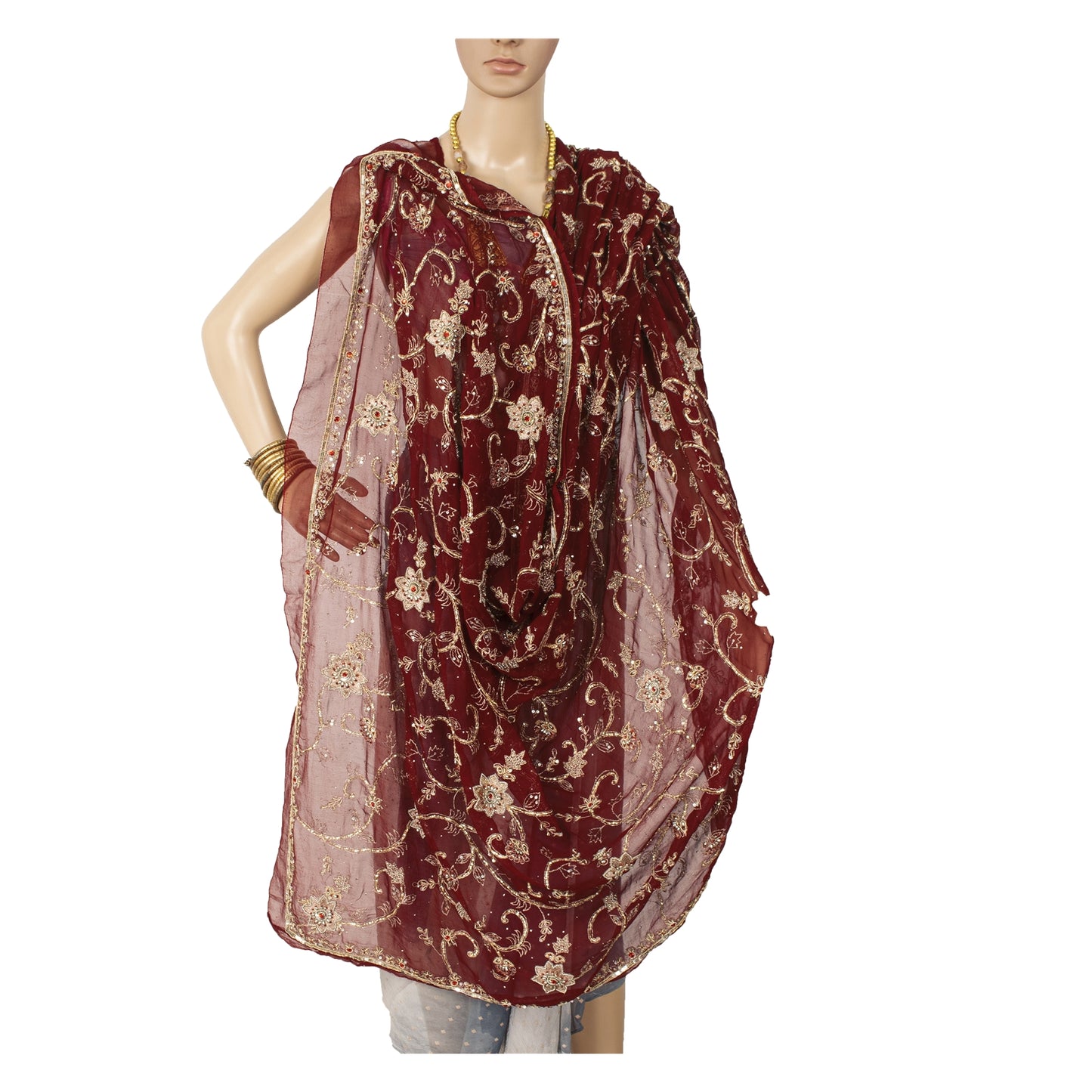 Sanskriti Vintage Dupatta/Stole Pure Georgette Red Hand Bead Dabka Scarves Veil