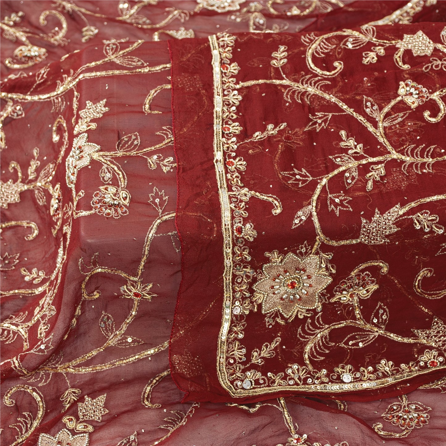 Sanskriti Vintage Dupatta/Stole Pure Georgette Red Hand Bead Dabka Scarves Veil