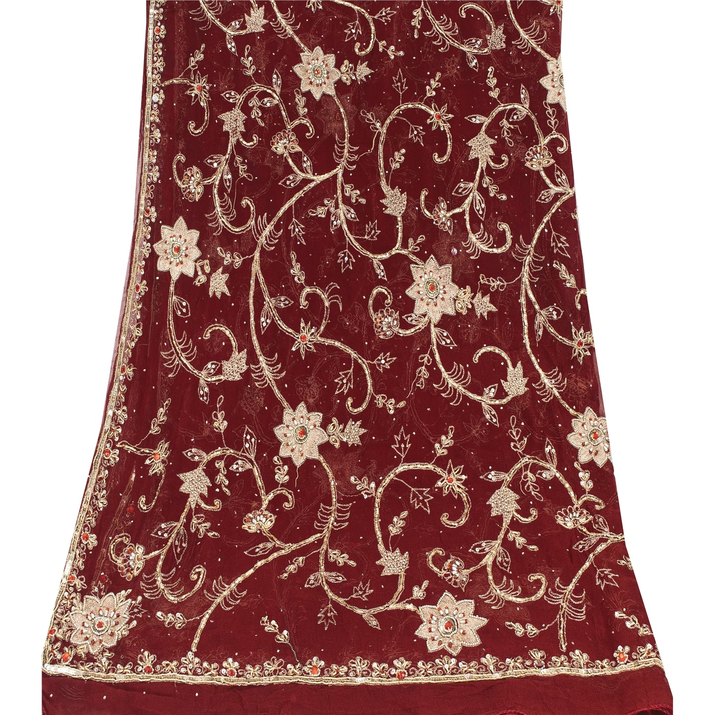 Sanskriti Vintage Dupatta/Stole Pure Georgette Red Hand Bead Dabka Scarves Veil