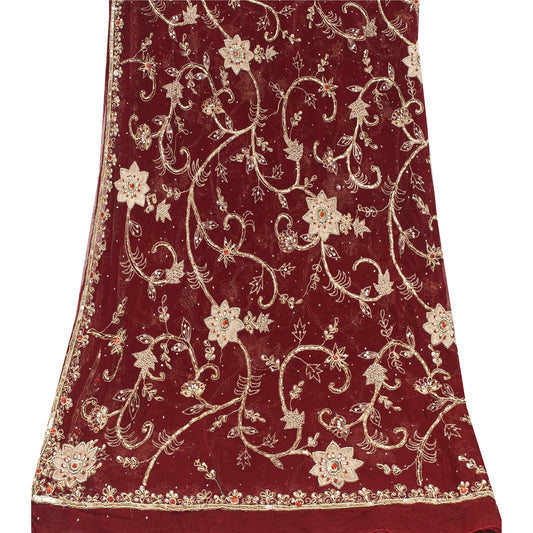 Sanskriti Vintage Dupatta/Stole Pure Georgette Red Hand Bead Dabka Scarves Veil