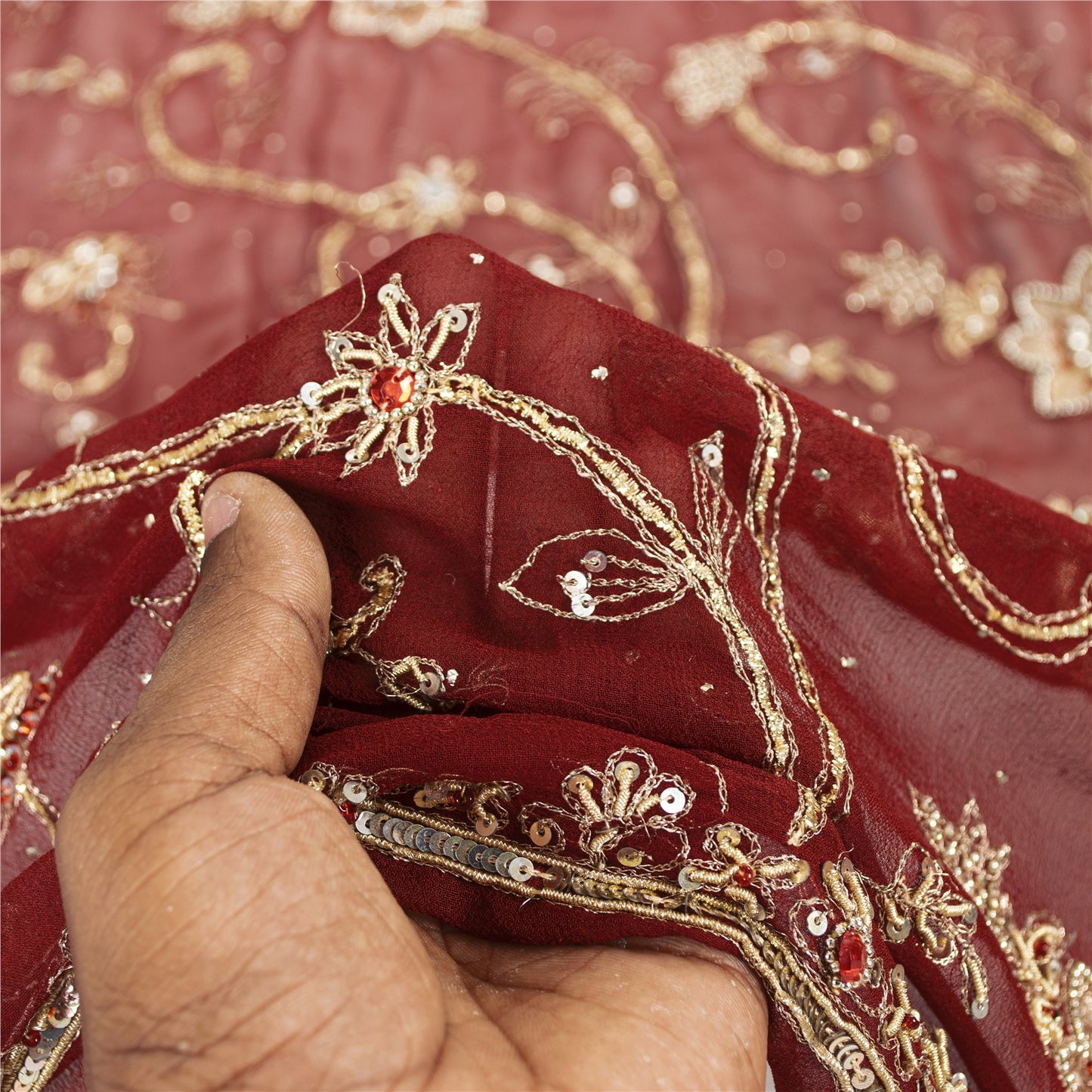 Sanskriti Vintage Dupatta/Stole Pure Georgette Red Hand Bead Dabka Scarves Veil