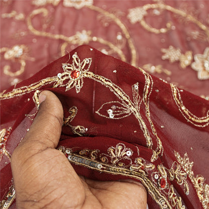 Sanskriti Vintage Dupatta/Stole Pure Georgette Red Hand Bead Dabka Scarves Veil