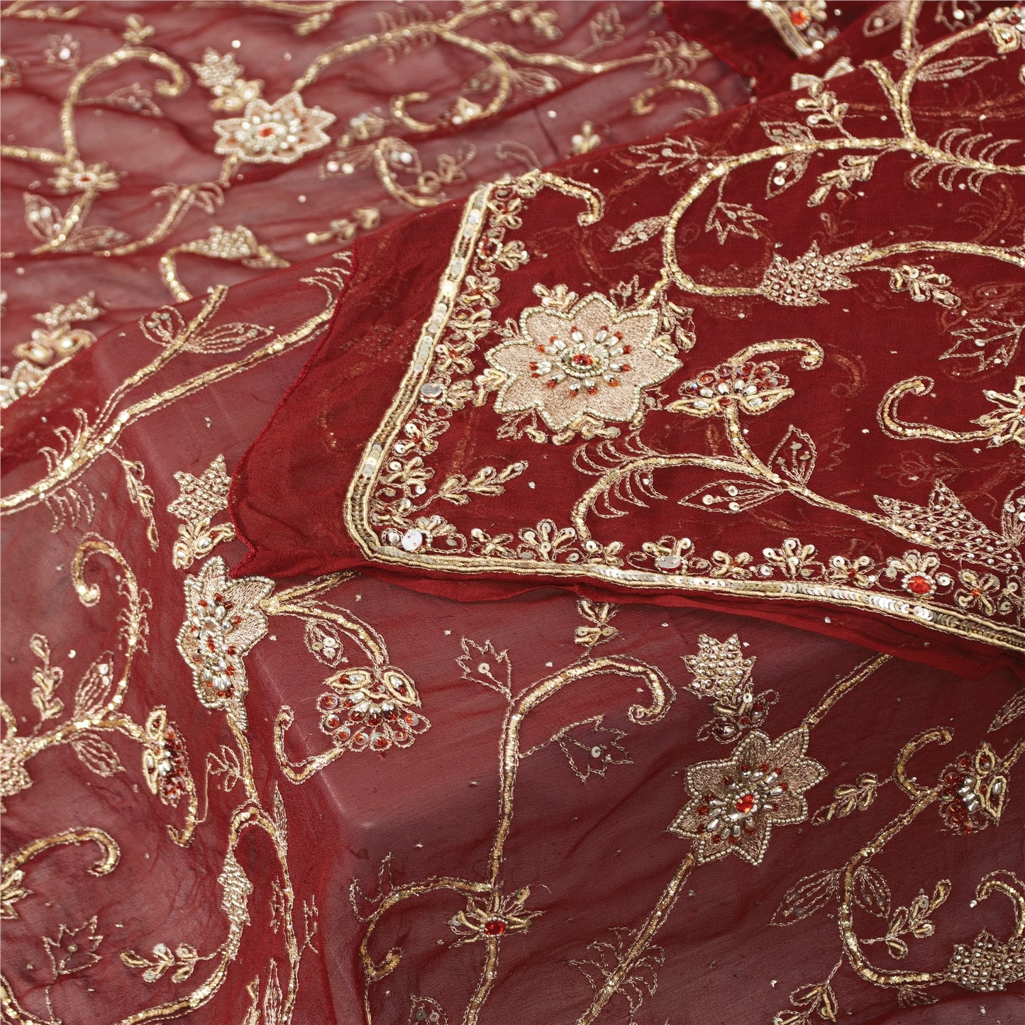 Sanskriti Vintage Dupatta/Stole Pure Georgette Red Hand Bead Dabka Scarves Veil