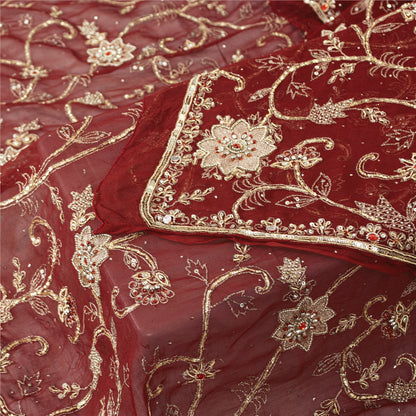 Sanskriti Vintage Dupatta/Stole Pure Georgette Red Hand Bead Dabka Scarves Veil