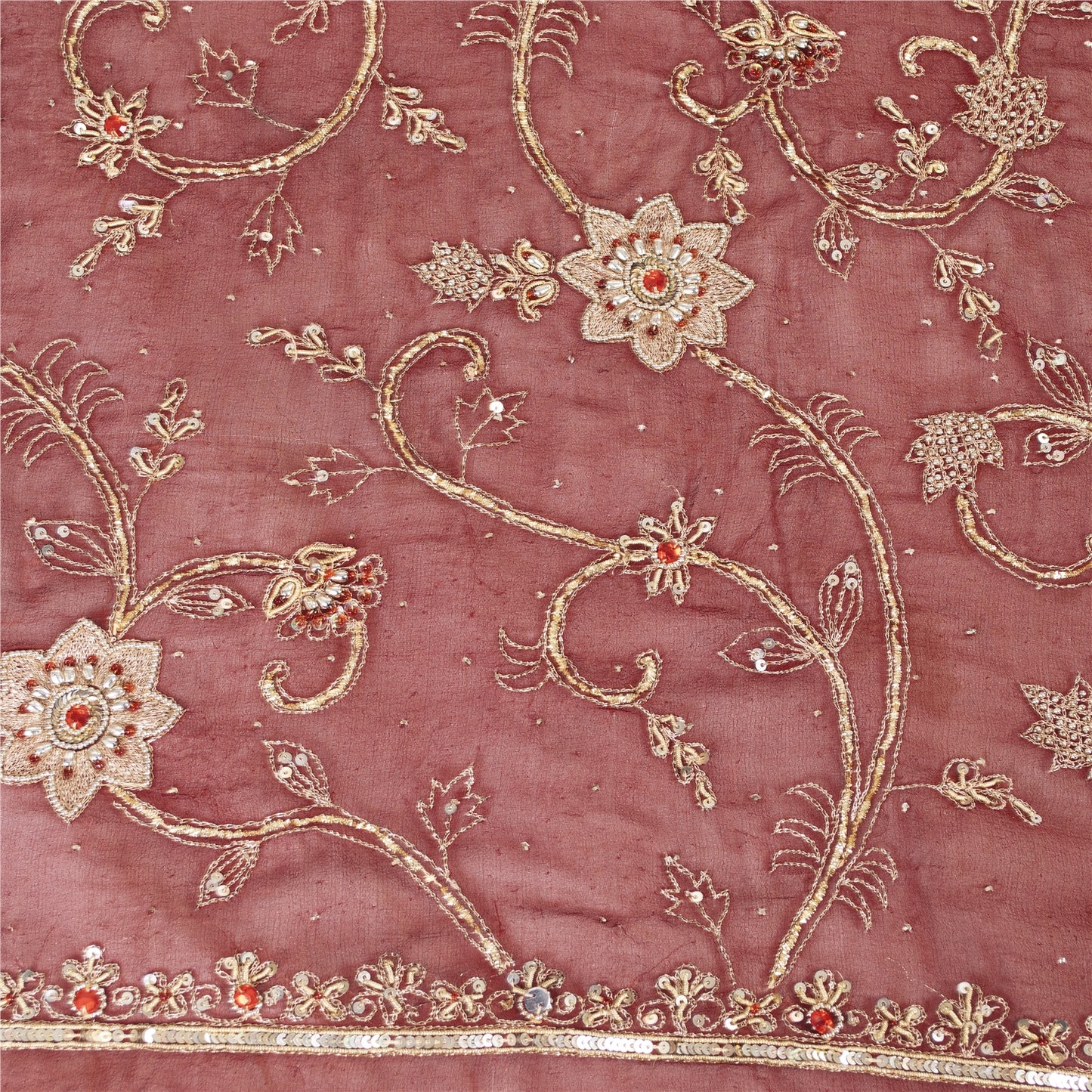 Sanskriti Vintage Dupatta/Stole Pure Georgette Red Hand Bead Dabka Scarves Veil