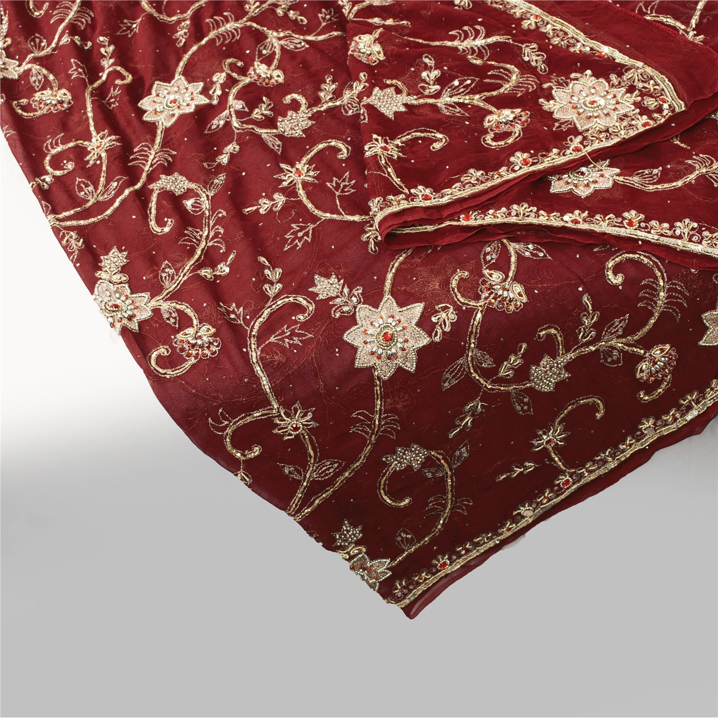 Sanskriti Vintage Dupatta/Stole Pure Georgette Red Hand Bead Dabka Scarves Veil