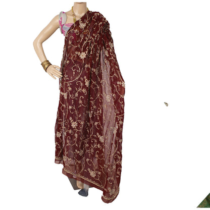 Sanskriti Vintage Dupatta/Stole Pure Georgette Red Hand Bead Dabka Scarves Veil