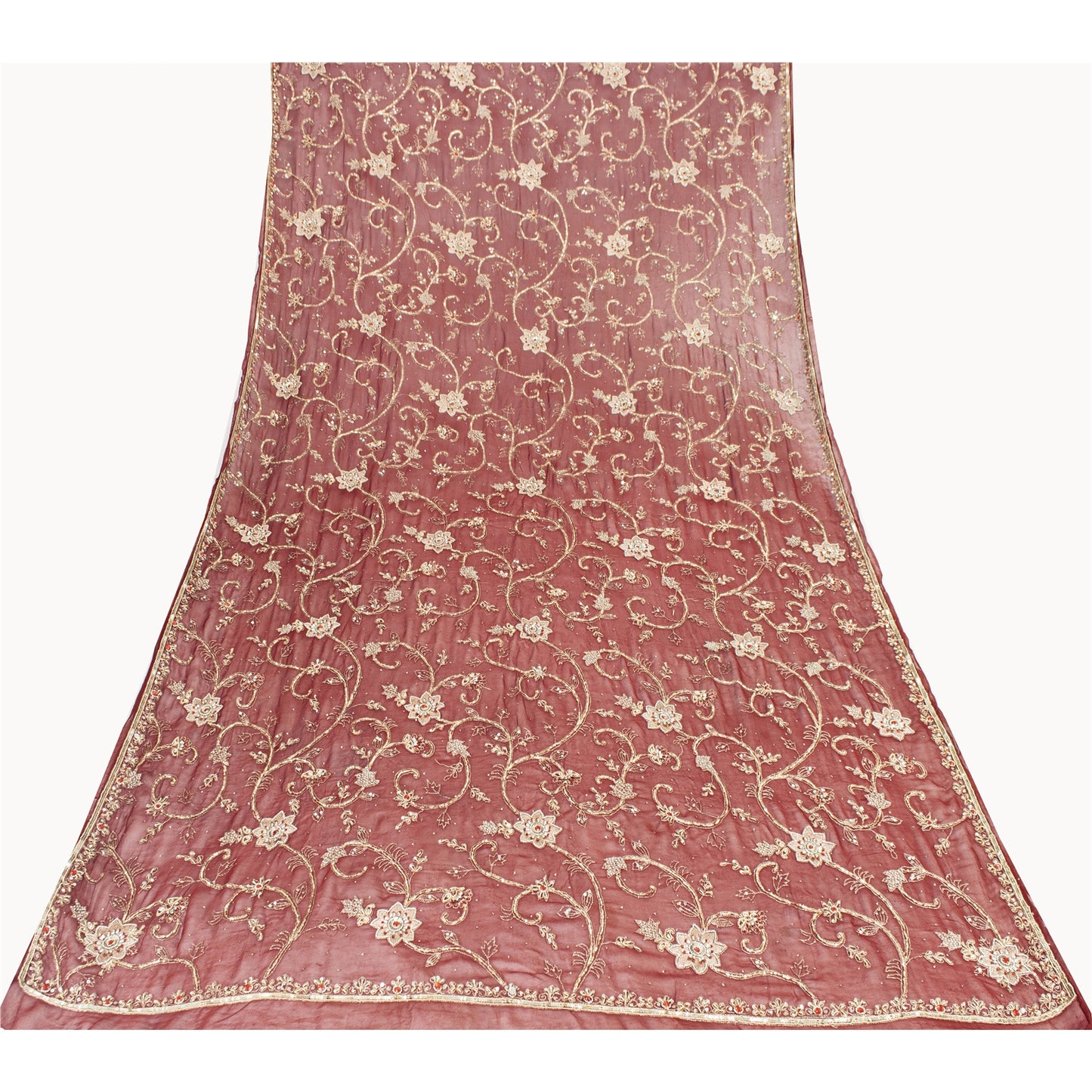 Sanskriti Vintage Dupatta/Stole Pure Georgette Red Hand Bead Dabka Scarves Veil