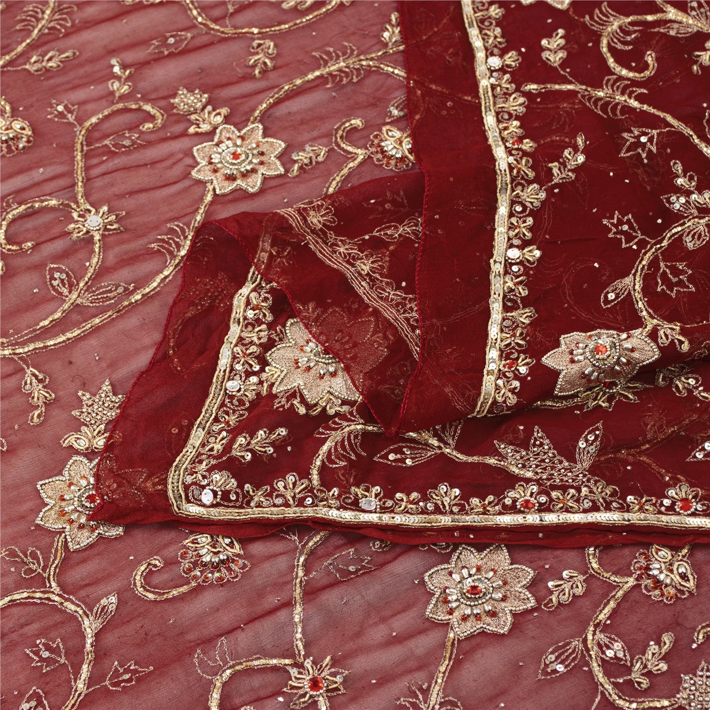 Sanskriti Vintage Dupatta/Stole Pure Georgette Red Hand Bead Dabka Scarves Veil