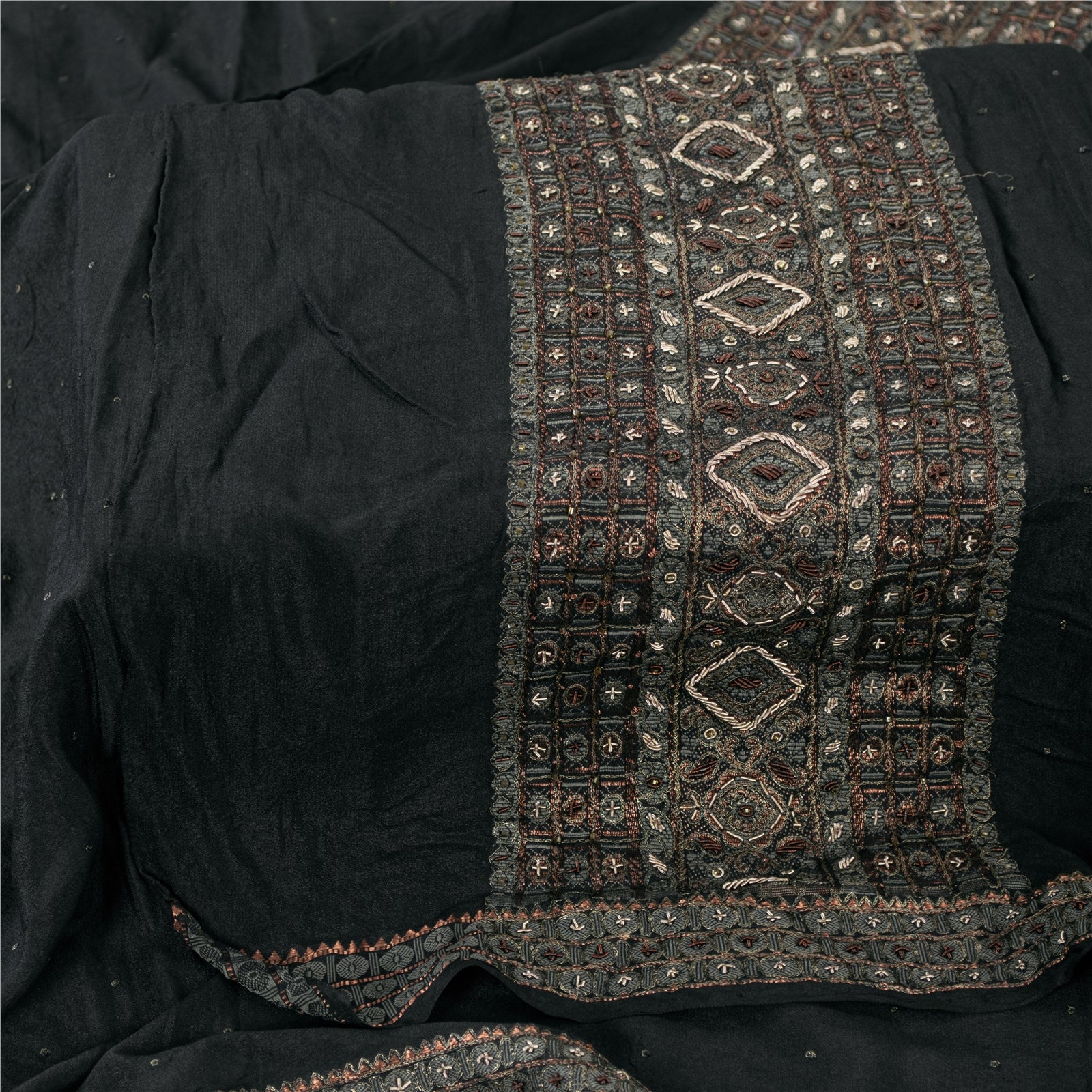 Sanskriti Vintage Long Dupatta Pure Crepe Black Hand Bead Zari Dabka Stole Veil