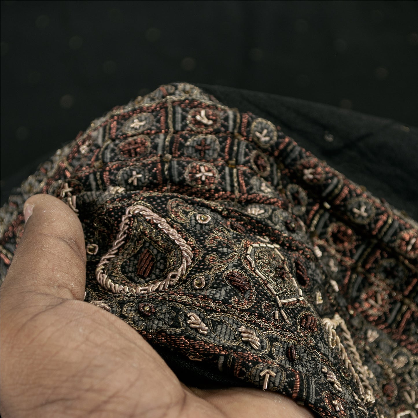 Sanskriti Vintage Long Dupatta Pure Crepe Black Hand Bead Zari Dabka Stole Veil